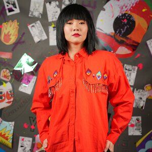 Vintage Red Southwest Canyon Tribal Beaded Blouse – Size M